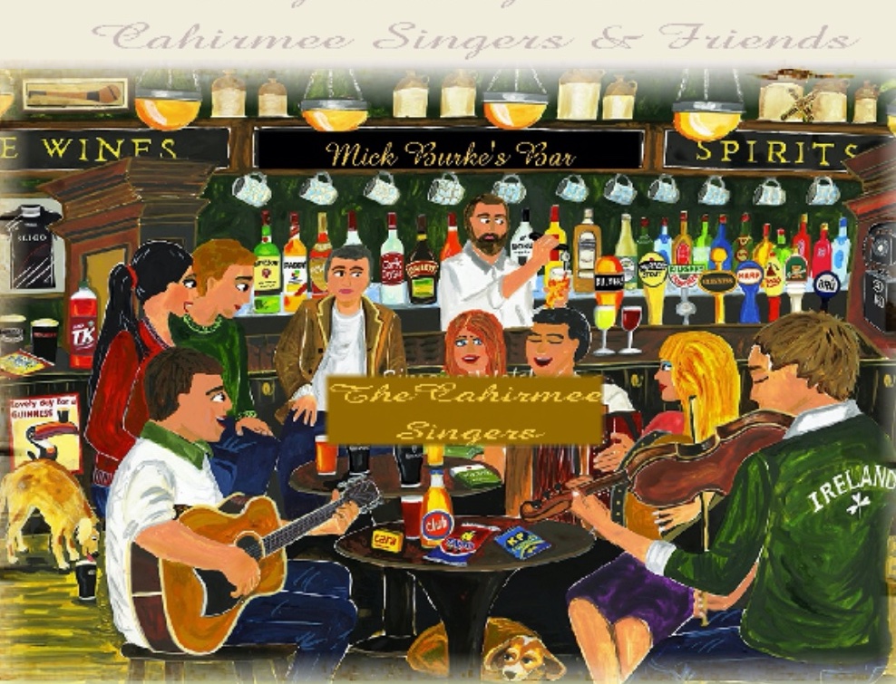 Illustration of the Cahirmee Singers and friends gathered around a table at Mick Burke's Bar